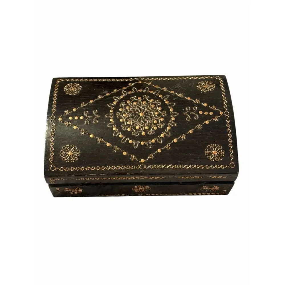 VINTAGE ALBANIAN Hinged Wood Black Lacquered Trinket Jewelry Box Velvet 3317-37